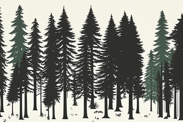 vector silhouette of pine forest with small and tall evergreen trees on white