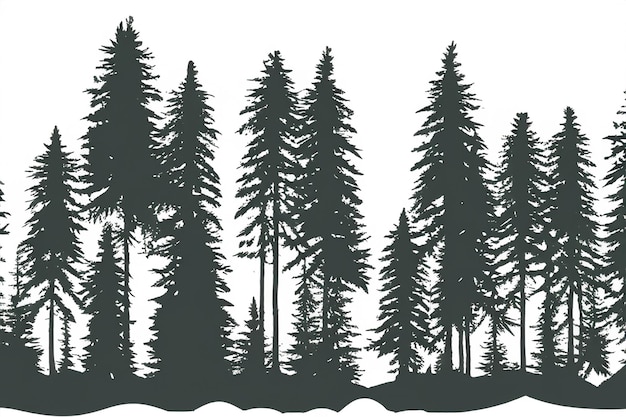 vector silhouette of pine forest with small and tall evergreen trees on white