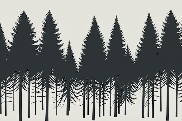 vector silhouette of pine forest with small and tall evergreen trees on white