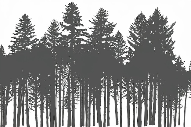 vector silhouette of pine forest with small and tall evergreen trees on white