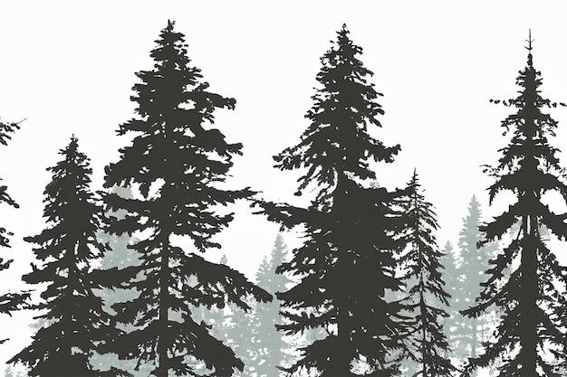 Photo vector silhouette of pine forest with small and tall evergreen trees on white