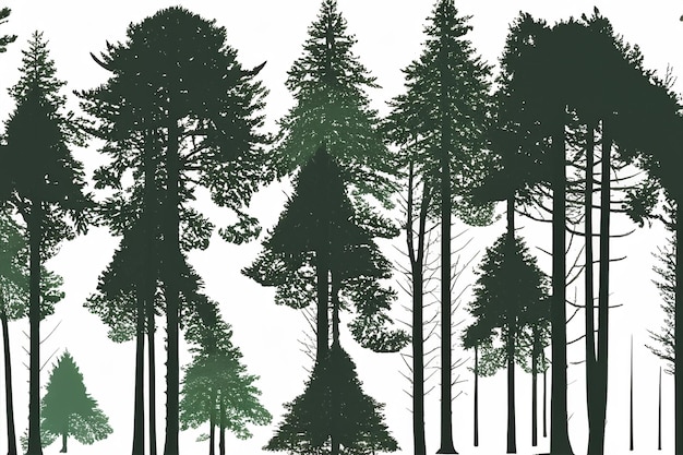 vector silhouette of pine forest with small and tall evergreen trees on white