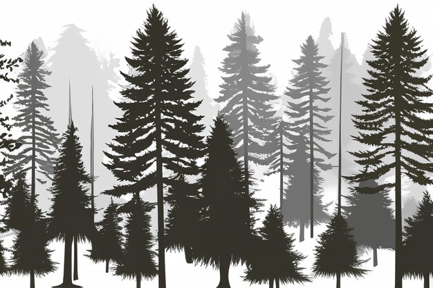 vector silhouette of pine forest with small and tall evergreen trees on white