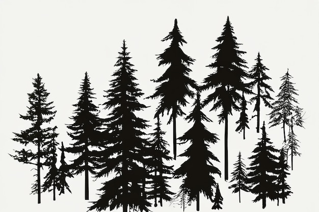 Photo vector silhouette of pine forest with small and tall evergreen trees on white