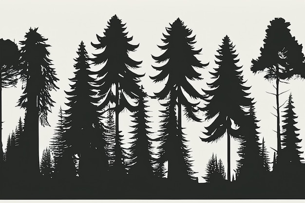 Photo vector silhouette of pine forest with small and tall evergreen trees on white