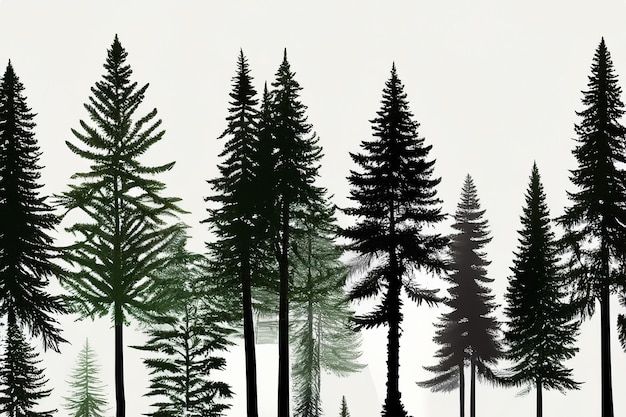 Photo vector silhouette of pine forest with small and tall evergreen trees on white