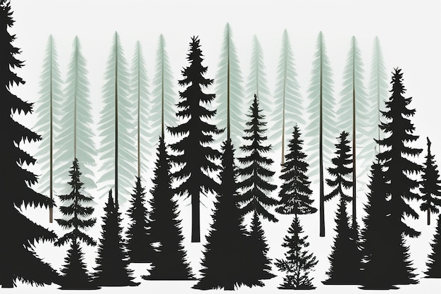 Photo vector silhouette of pine forest with small and tall evergreen trees on white