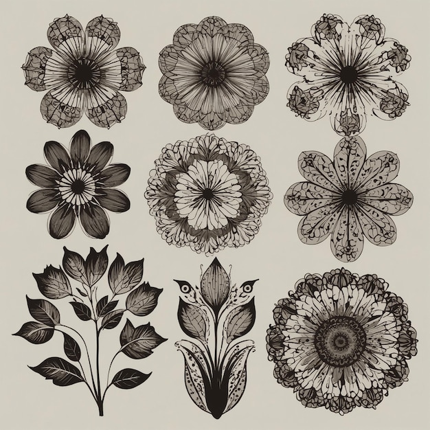 Vector silhouettes of abstract vintage flowers or motif isolated flowers Pattern design background