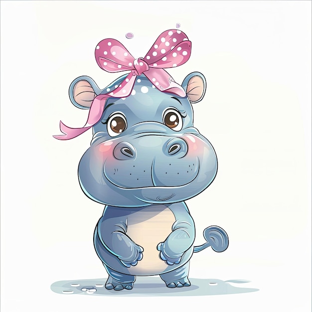 vector simple lines cute blue cartoon female hippo with polka dot pink ribbon on his head smiling sweet cuteness juice isolated on white background