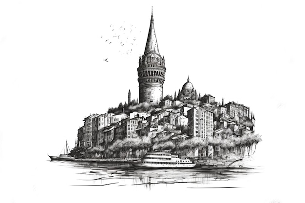 Vector sketch hand drawing panoramic galata tower