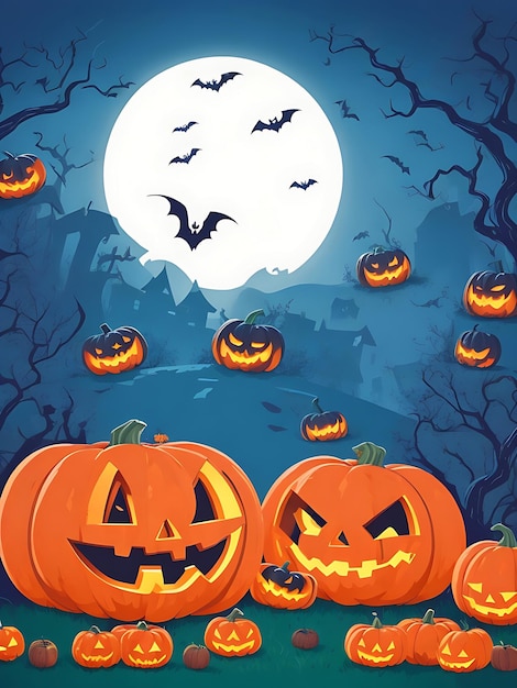 vector spooky halloween background with pumpkins in a cemetery background in flat design