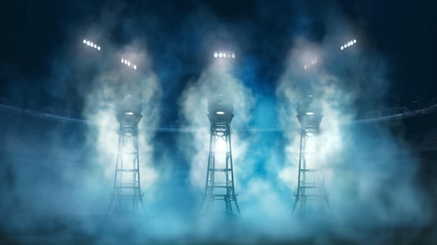 Vector spotlight towers on night stadium in smokeGenerative AI