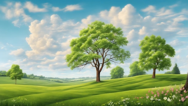 Vector springsummer landscape Illustration with trees clouds green grass meadow