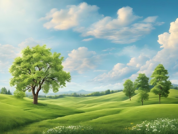 Vector springsummer landscape Illustration with trees clouds green grass meadow