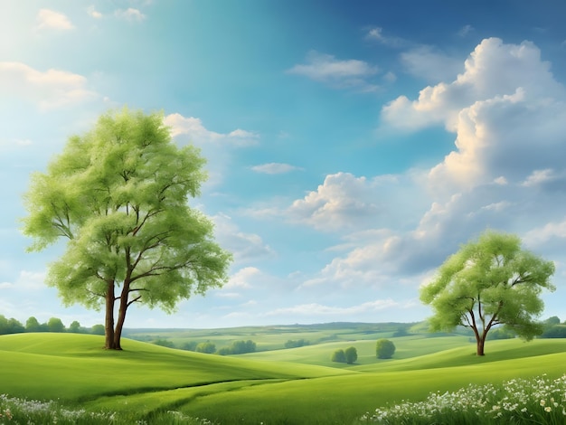 Vector springsummer landscape Illustration with trees clouds green grass meadow