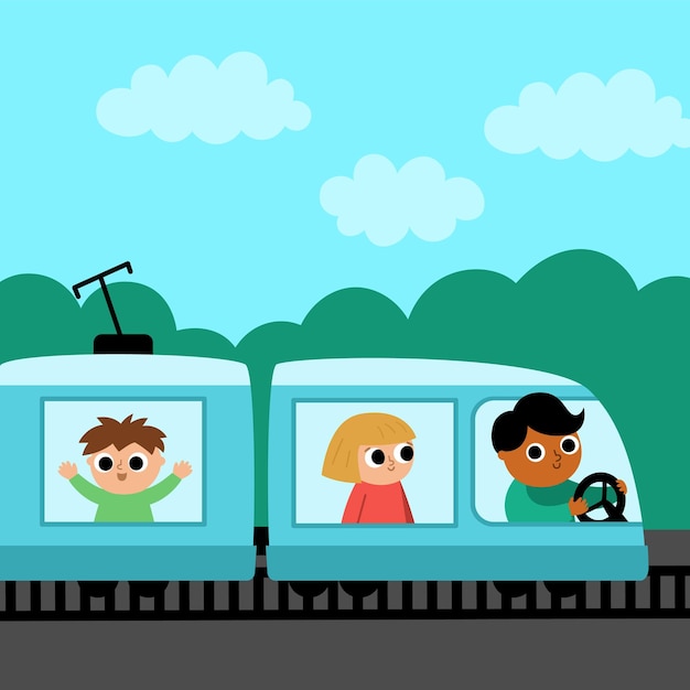 Photo vector square scene with man driving train and passengers city or country transportation illustration cute kid driving transport railroad vehicle landscape cartoon child on railway commuter enginexa