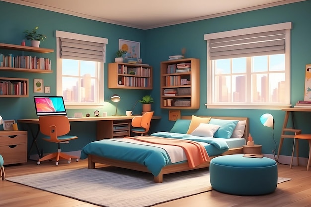 Vector student small room cartoon bedroom dormitory with furniture Cozy apartment with bed laptop armchair carpet bookshelf board fan Architecture background