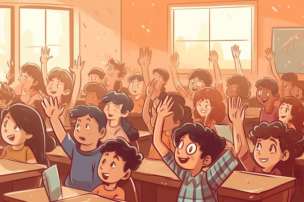 an vector of students raising their hands in a class room vector illustration