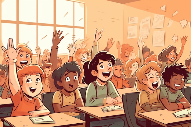 an vector of students raising their hands in a class room vector illustration