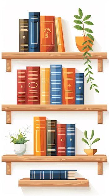 Vector Style Shelf with Books on White Background