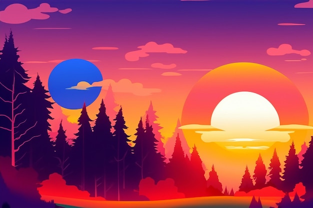 Vector Sunrise Forest Landscape