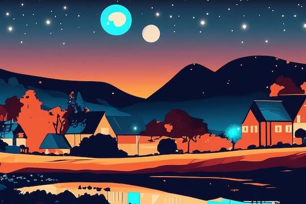 vector tranquil Nightscape Rural Countryside Under the Starry Sky