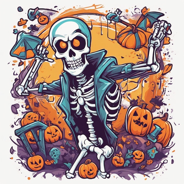 vector tshirt design illustration kawaii skeleton celebrating halloween high detail