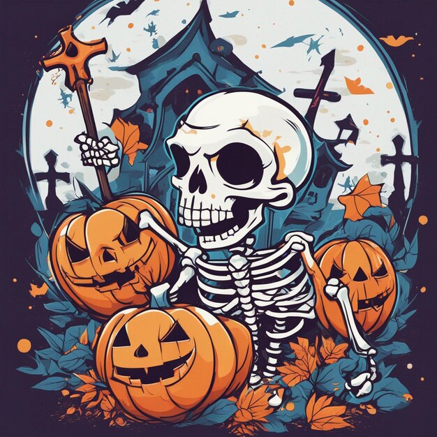 vector tshirt design illustration kawaii skeleton celebrating halloween high detail