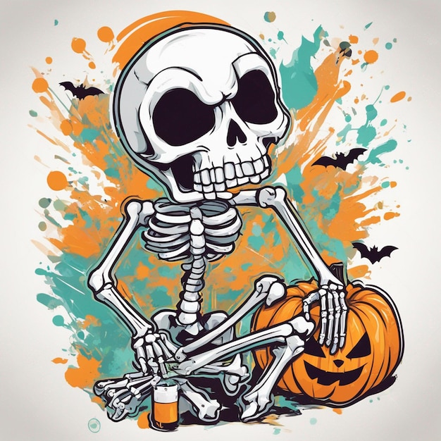 vector tshirt design illustration kawaii skeleton celebrating halloween high detail