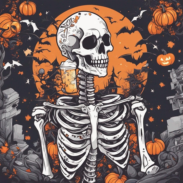 vector tshirt design illustration kawaii skeleton celebrating halloween high detail