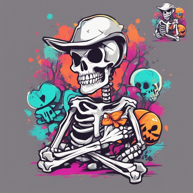 vector tshirt design illustration kawaii skeleton celebrating halloween high detail