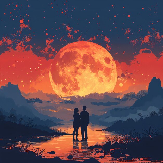 vector wallpaper a painting of two people and a full moon with a red sky and the moon behind them