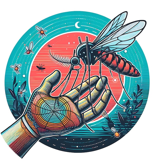 vector world malaria drawing of a hand holding with a red background with the words fly on it