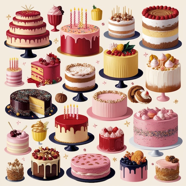 Photo vectors of various types of cakes