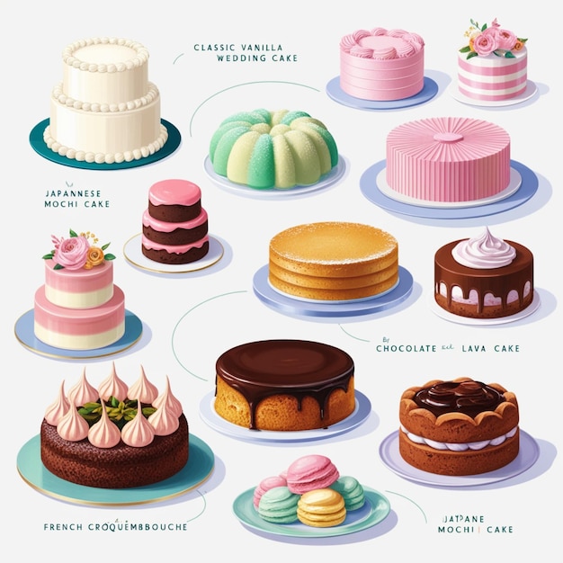 Photo vectors of various types of cakes