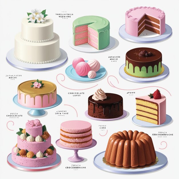 Photo vectors of various types of cakes