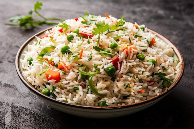 Veg biryani or veg pulav curry fried rice on dishes