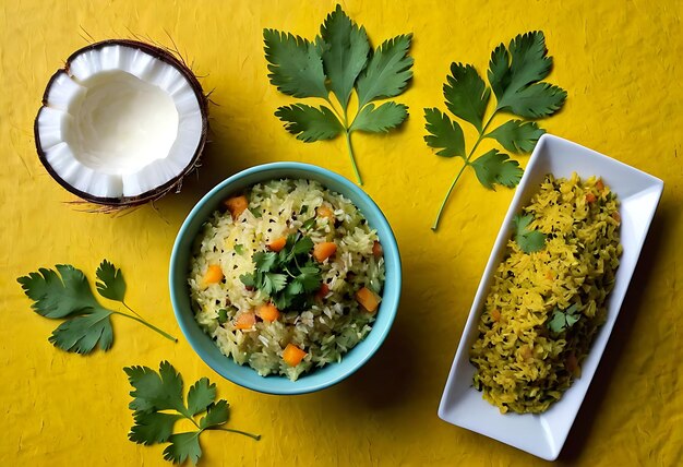 Photo veg biryani or veg pulav served in a bowl on background