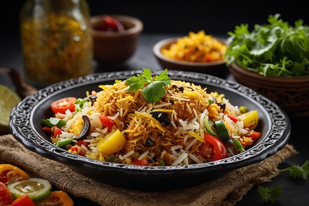 Veg biryani with a side of fresh vegetable salad