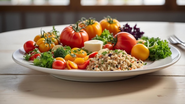 a veg food plate with seasonal produce on a white wooden table in a restaurant background