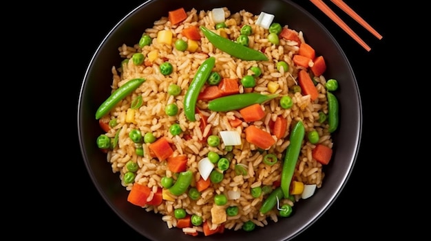 Veg Schezwan Fried Rice in black bowl isolated