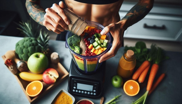 Photo vegan athlete preparing a nutritious smoothie before training