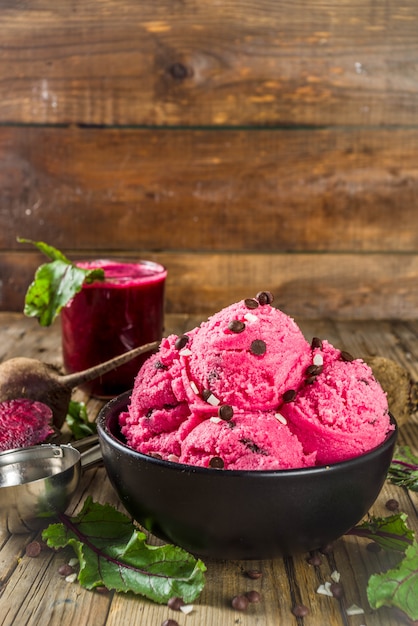 Vegan beets ice cream with chocolate drops