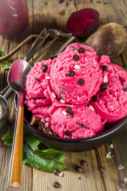 Vegan beets ice cream with chocolate drops