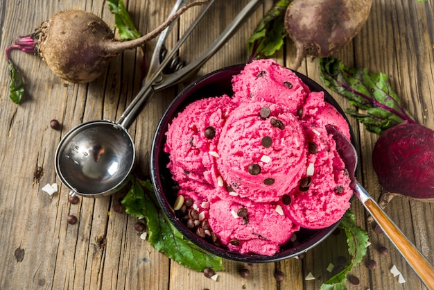 Vegan beets ice cream with chocolate drops