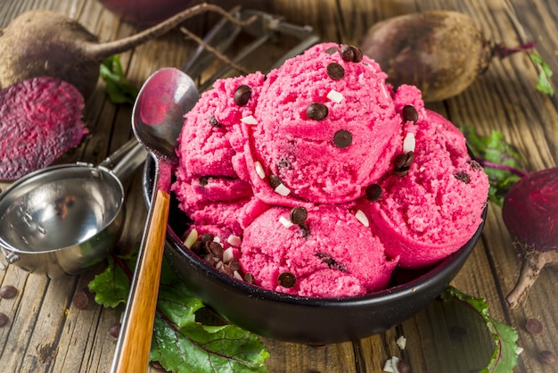 Vegan beets ice cream with chocolate drops