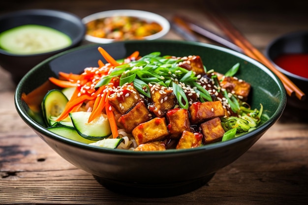 Vegan bibimbap with crispy tofu and gochujang sauce