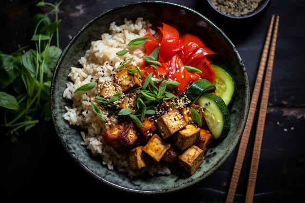 Vegan bibimbap with mixed vegetables and tempeh