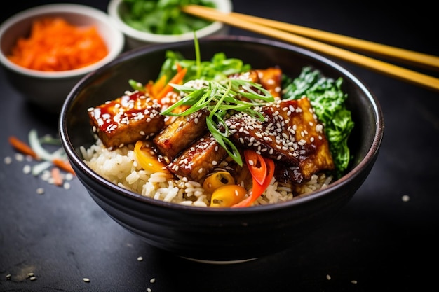 Vegan bibimbap with mixed vegetables and tempeh