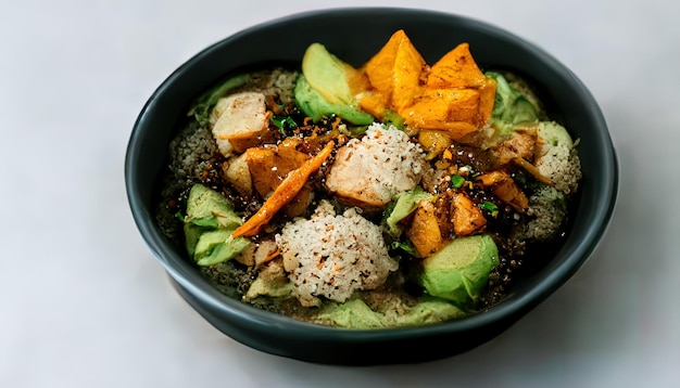 Vegan bowl quinoa avocado pumpkin with beans and corn in a black bowl Generative Ai